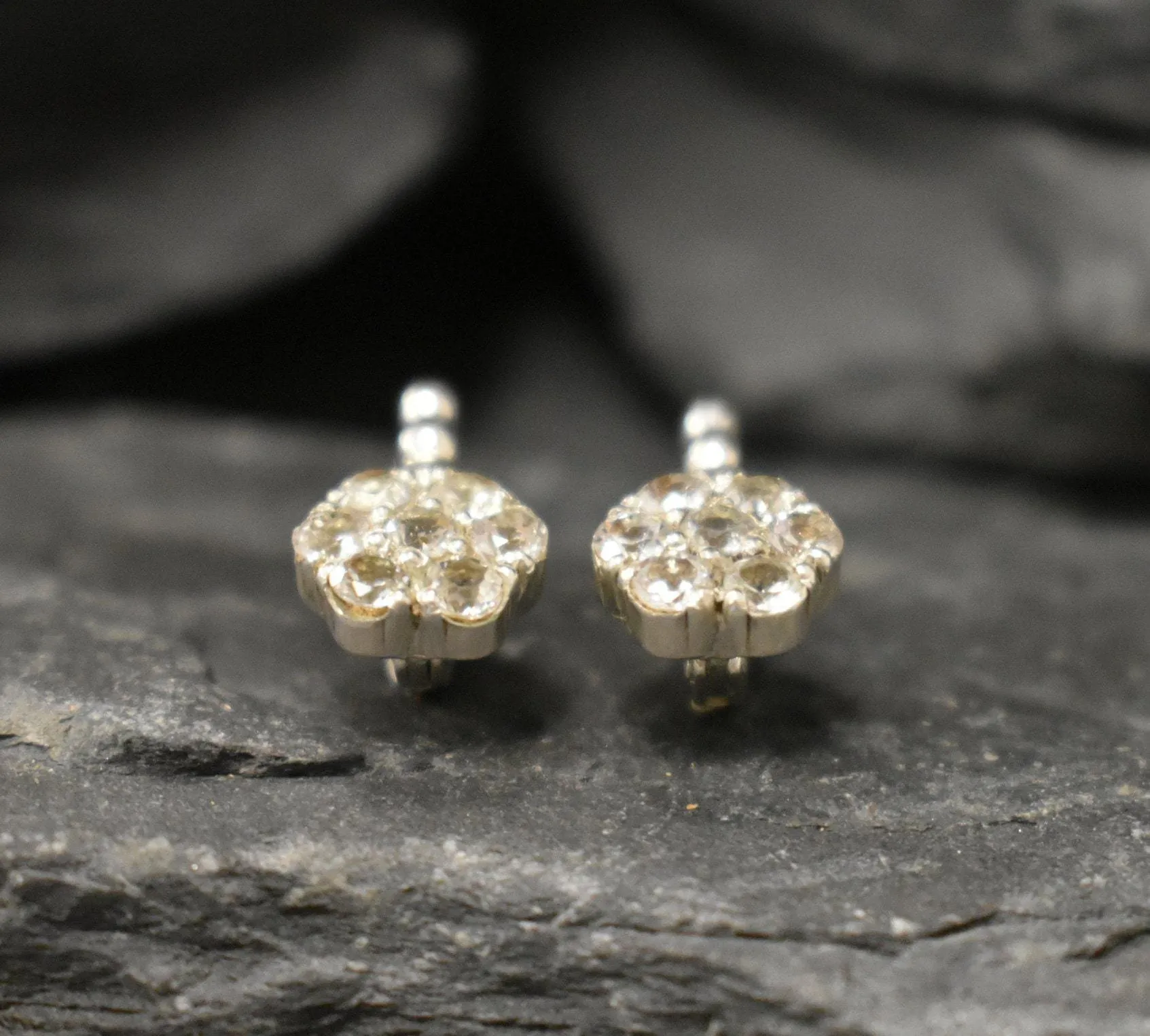 Sparkly Flower Earrings - Natural White Topaz,  White Diamond Studs