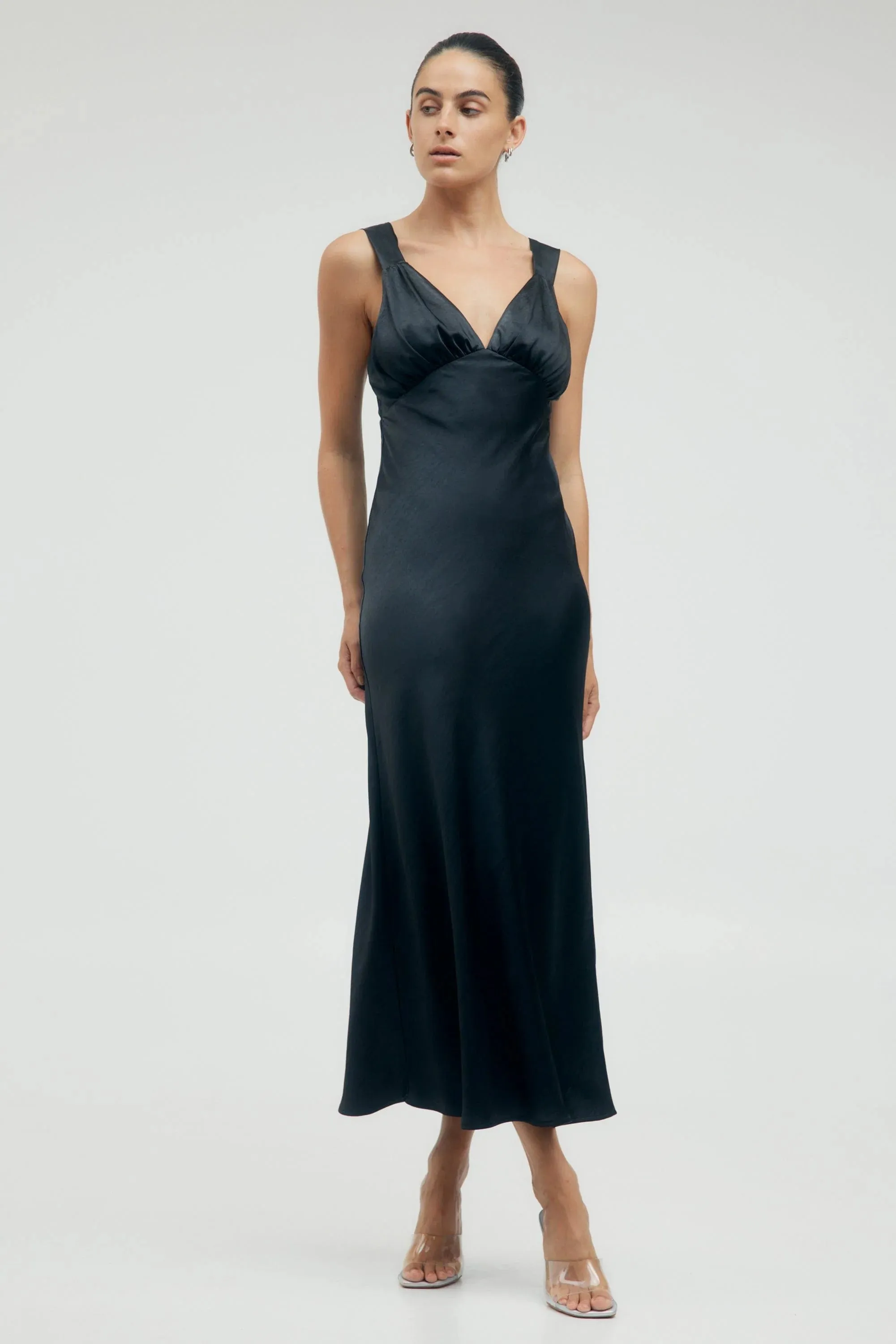 Third Form Satin Gather Bra Bias Slip Dress - Black