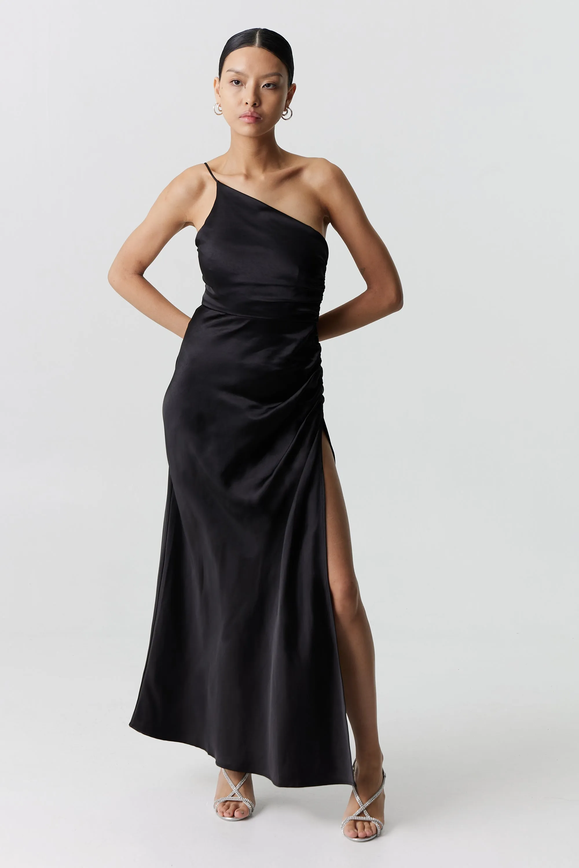 Third Form Satin Gather One Shoulder Dress - Black