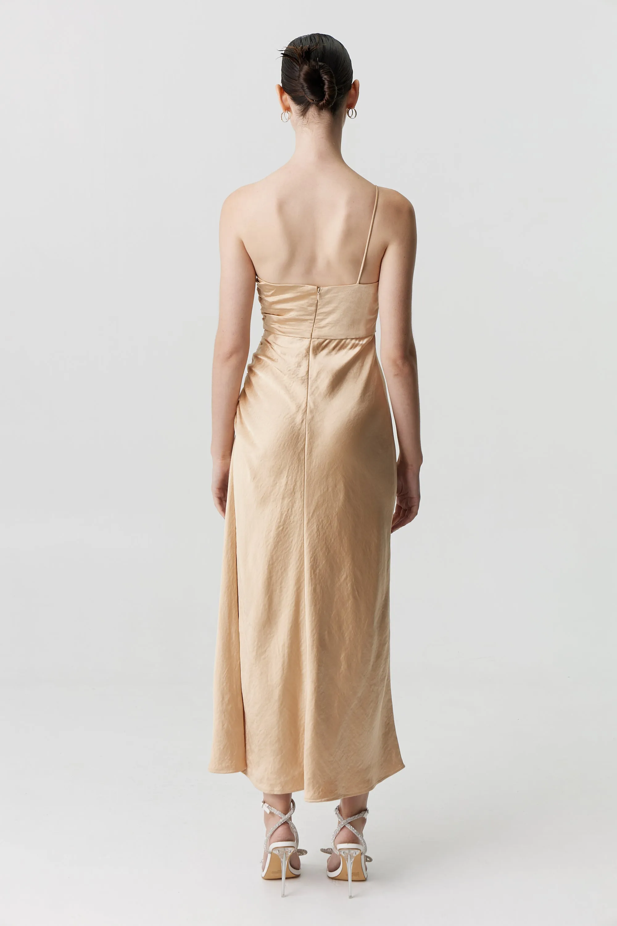 Third Form Satin Gather One Shoulder Dress - Sand