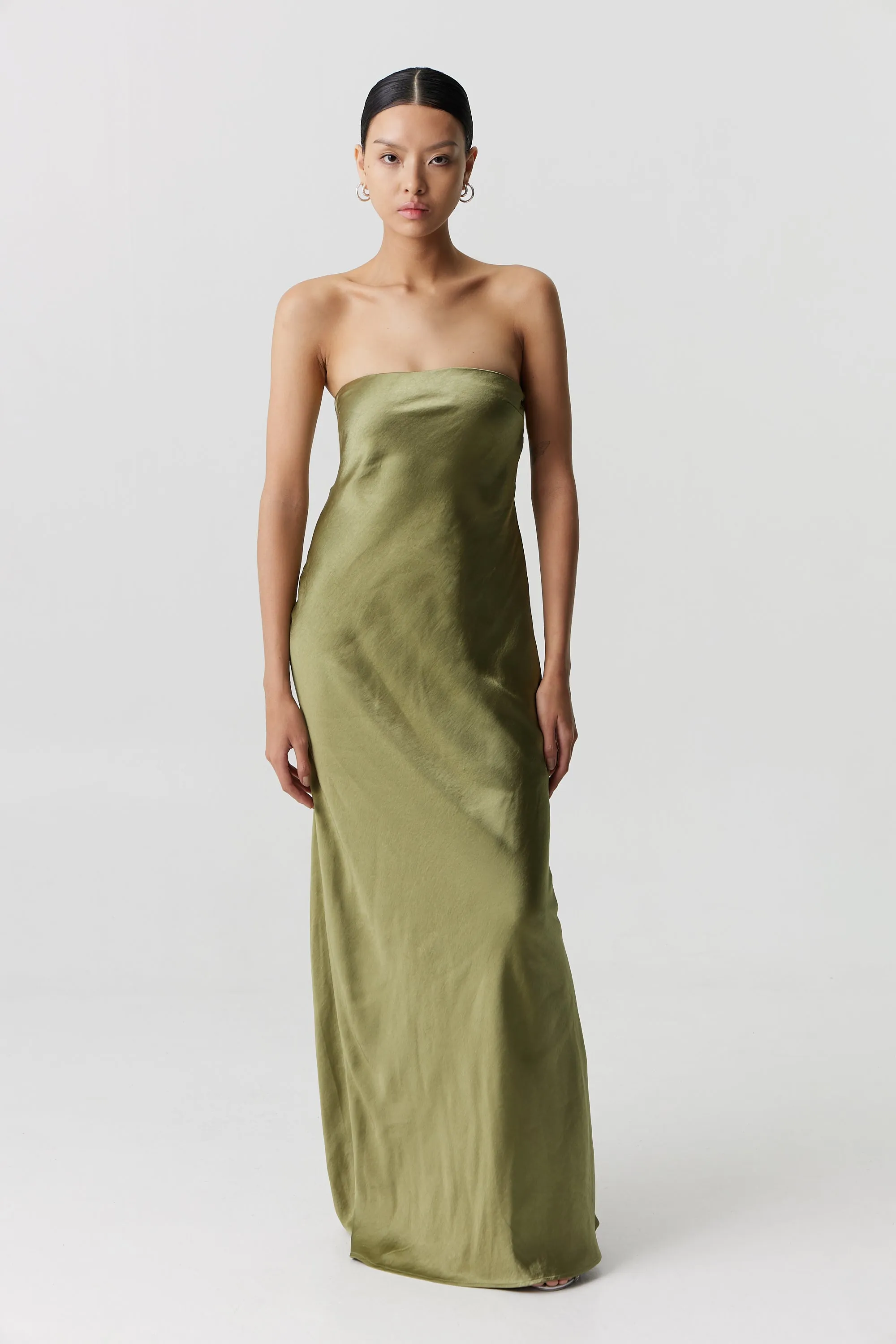 Third Form Satin Tie Back Strapless Maxi Dress - Olive