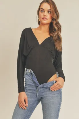 Tina Slinky Batwing Long Sleeve Disco Bodysuit - Black