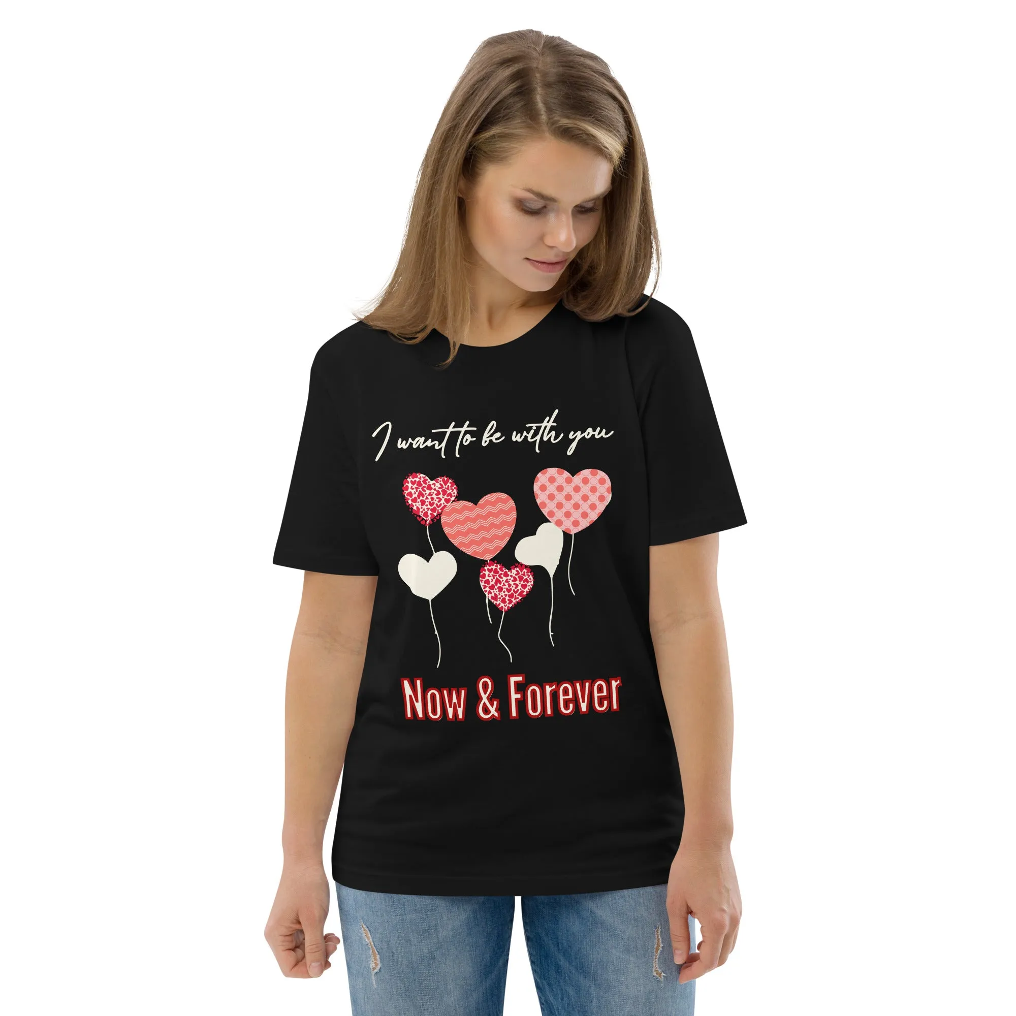 Unisex organic t-shirt, love balloon hearts and quote print