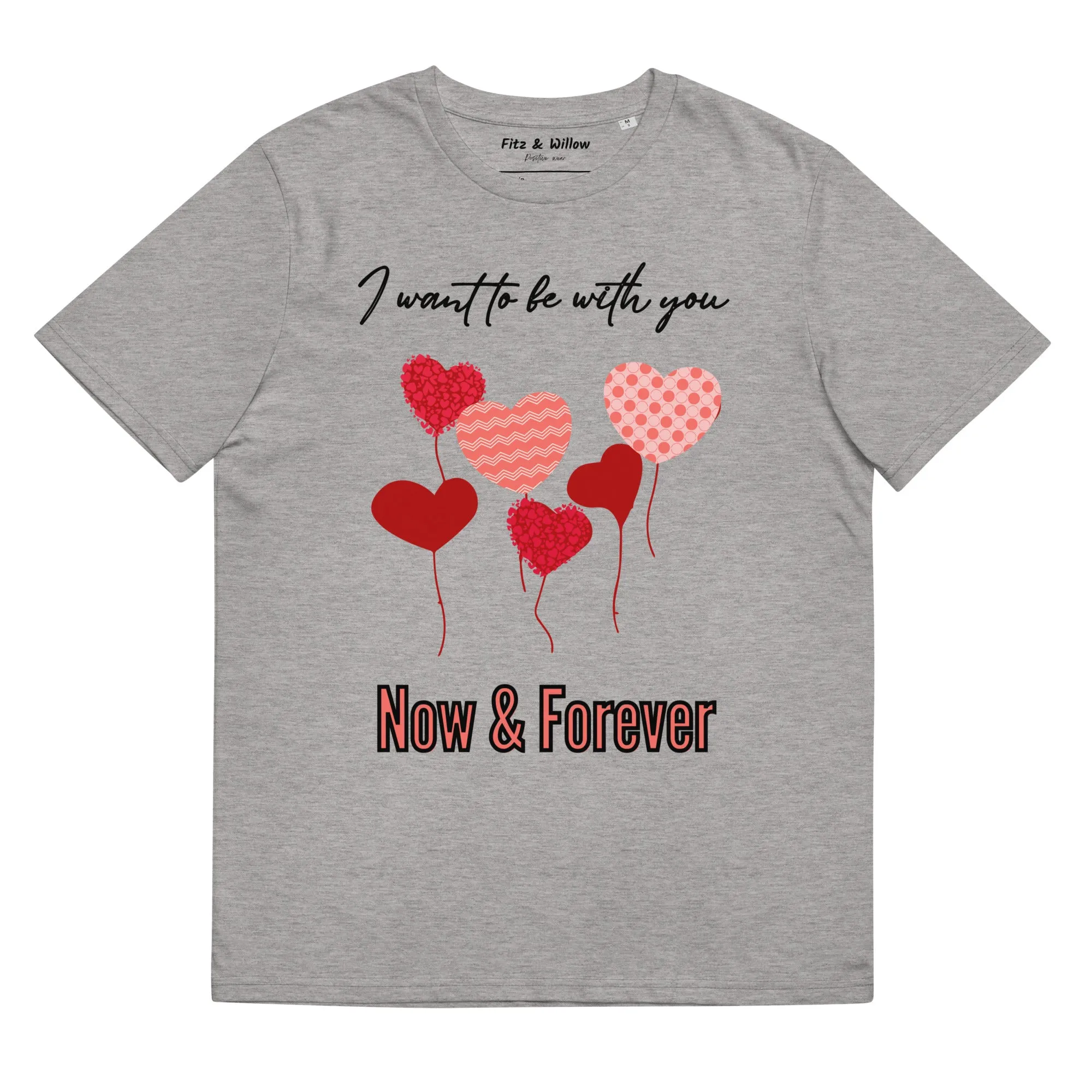 Unisex organic t-shirt, love balloon hearts and quote print