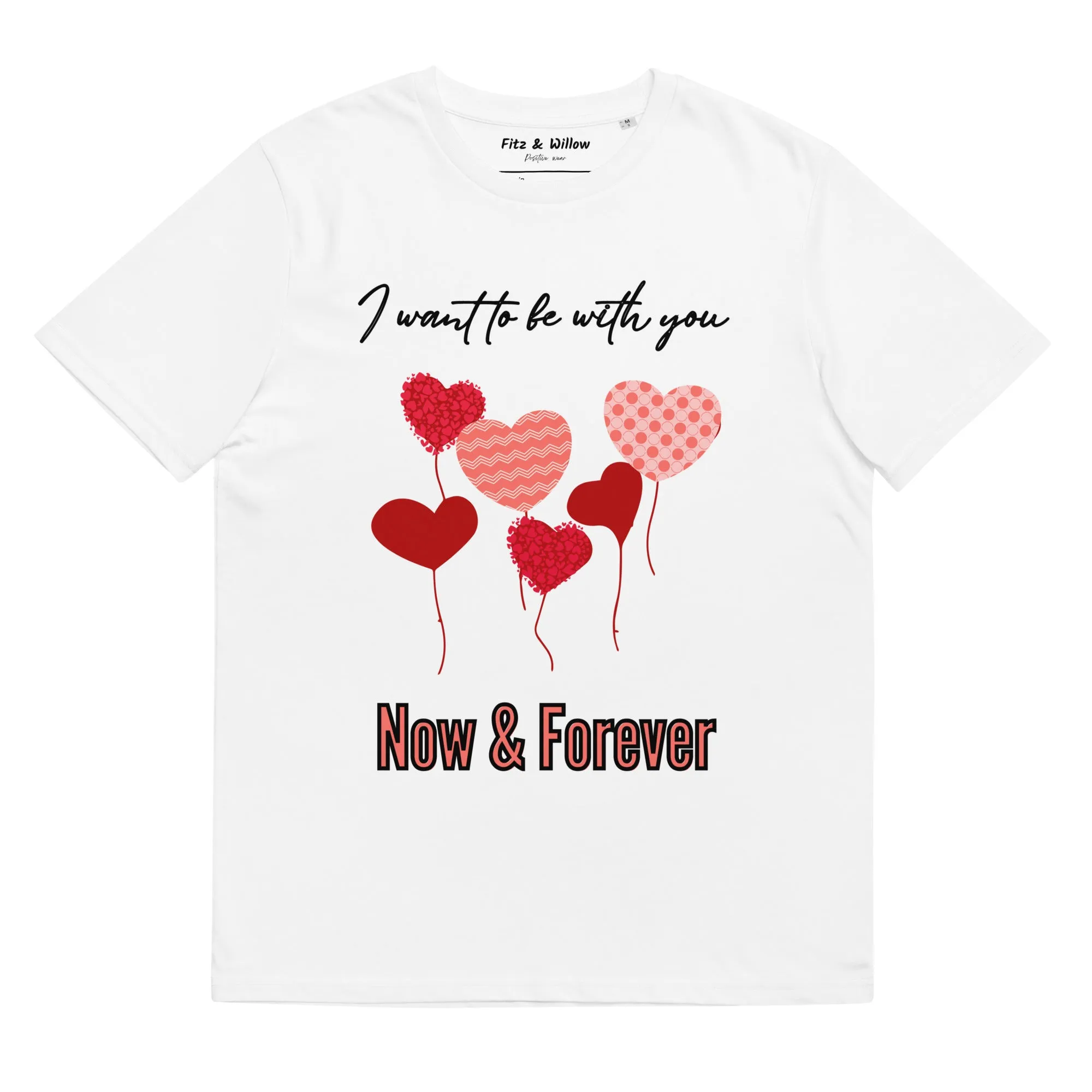 Unisex organic t-shirt, love balloon hearts and quote print