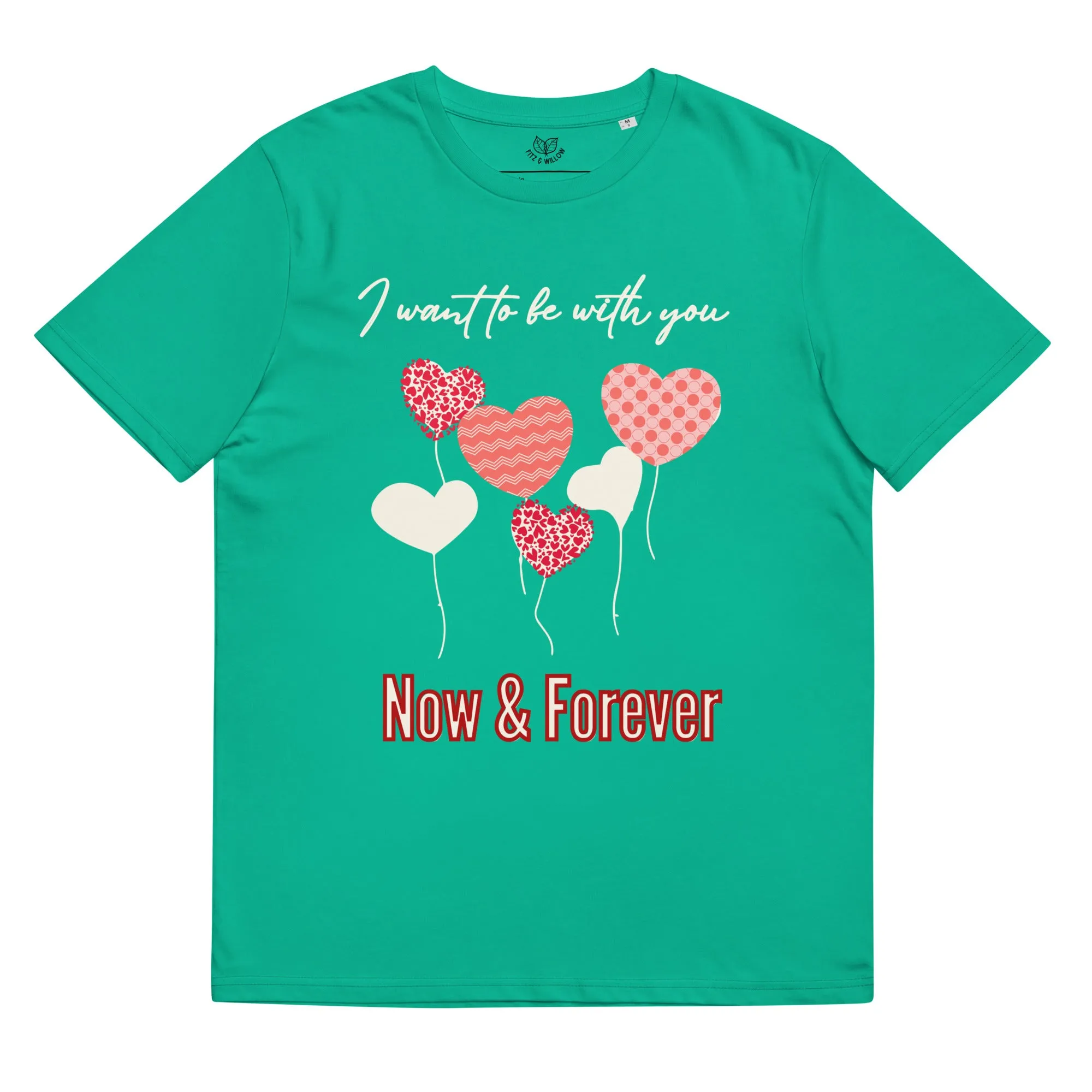 Unisex organic t-shirt, love balloon hearts and quote print