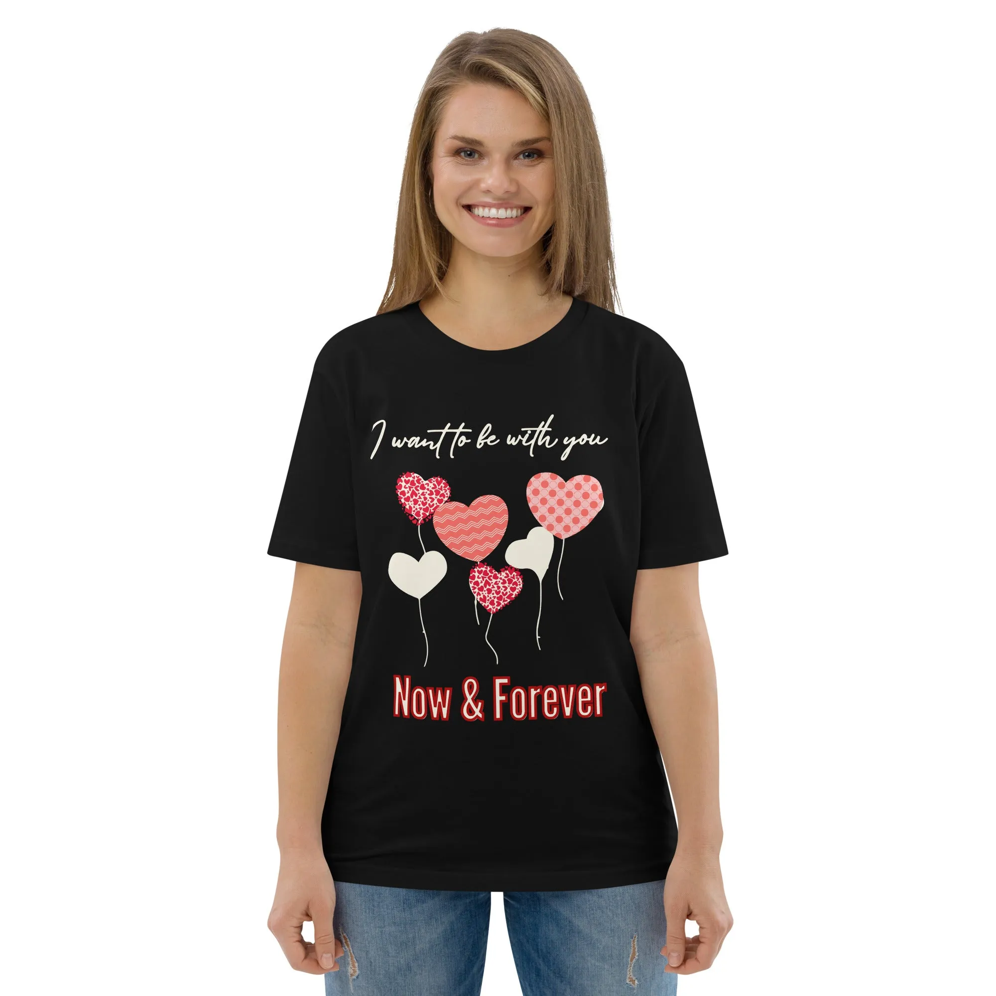 Unisex organic t-shirt, love balloon hearts and quote print