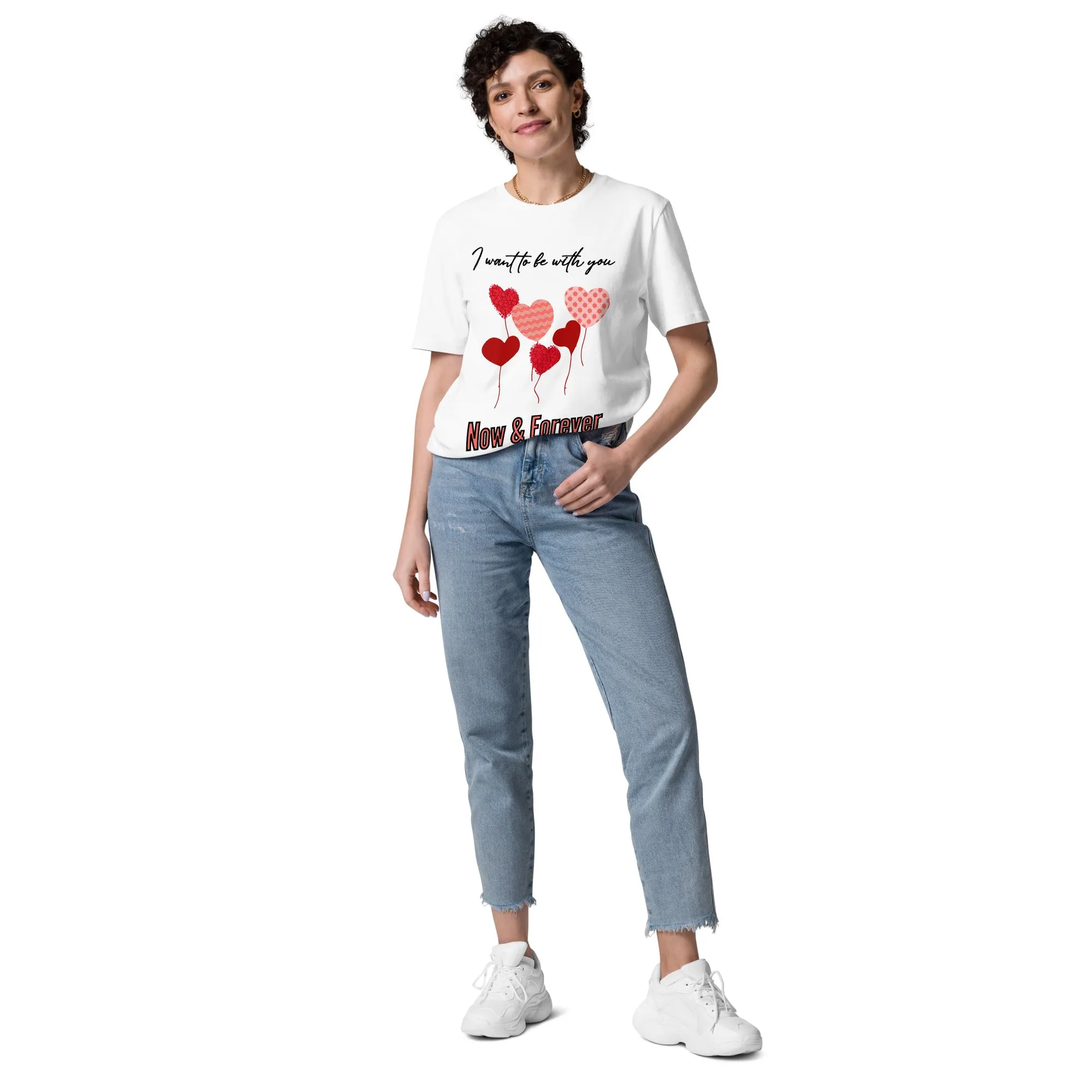 Unisex organic t-shirt, love balloon hearts and quote print