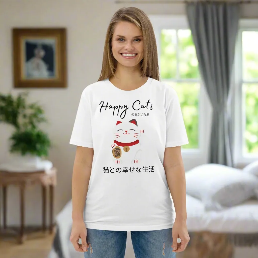 Vegan & Sustainable Cat-Themed T-Shirt with Chinese Lucky Cat Print – Eco-Friendly Cat Lover Tee