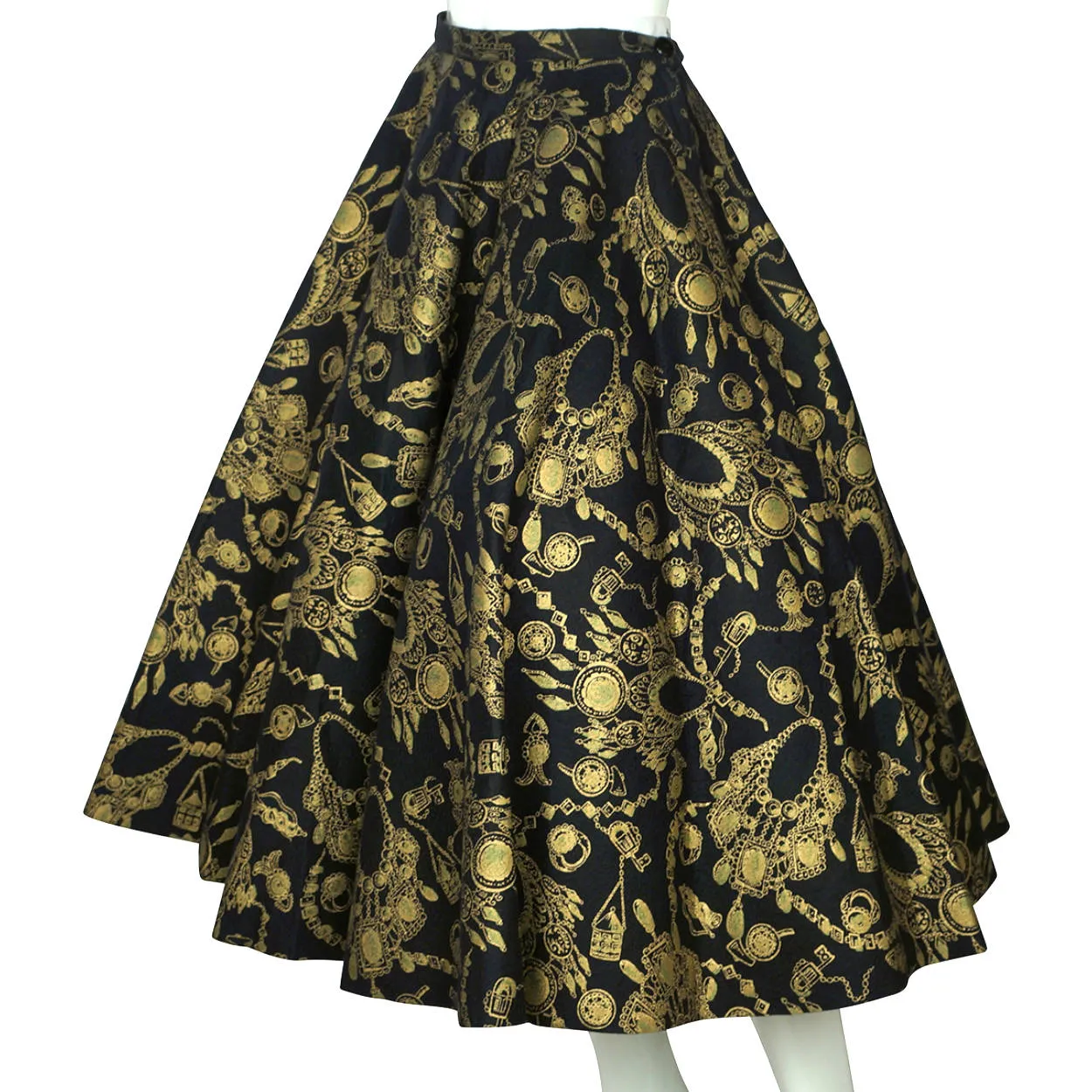 Vintage 1950s Felt Circle Skirt Gold Necklace Print Rockabilly Rock n Roll 25” W