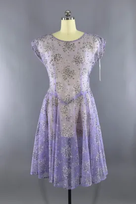 Vintage 1950s Sheer Day Dress / Lavender Green Floral