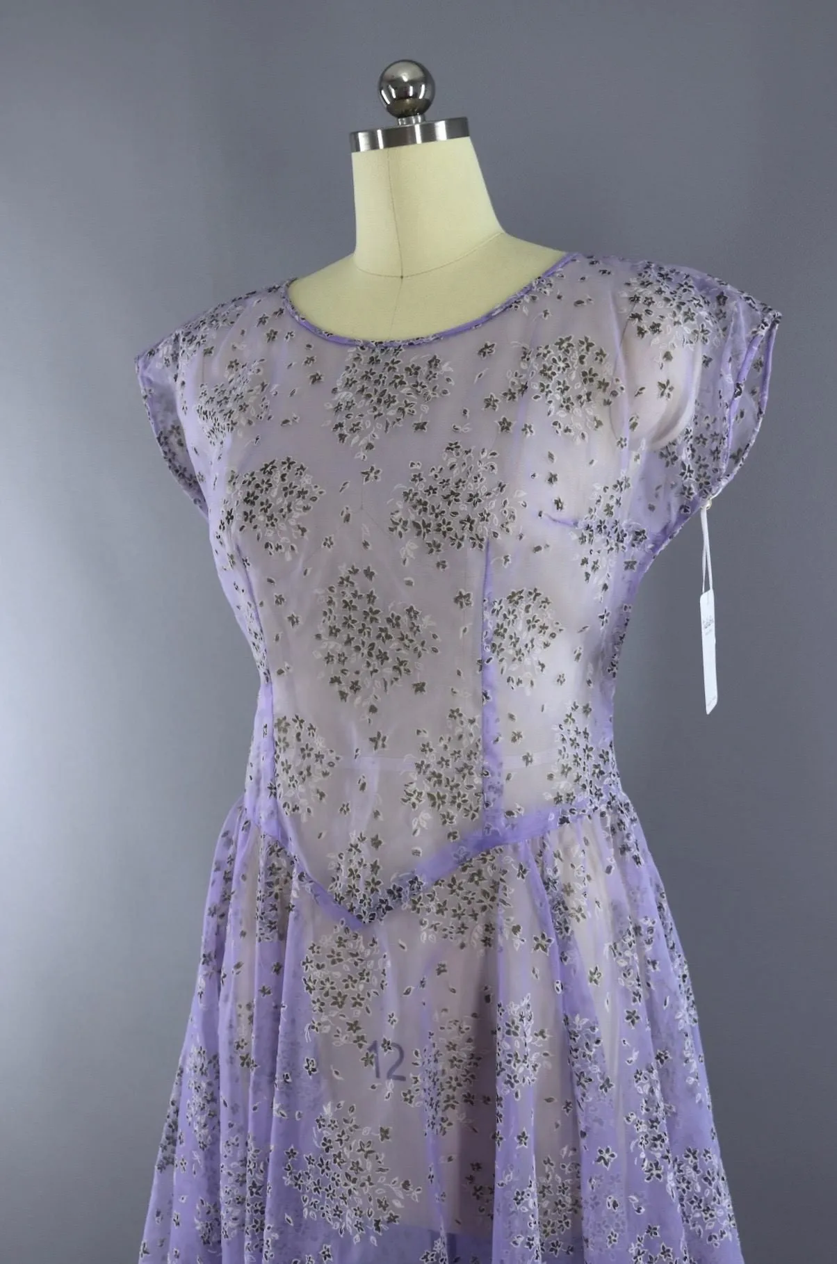 Vintage 1950s Sheer Day Dress / Lavender Green Floral