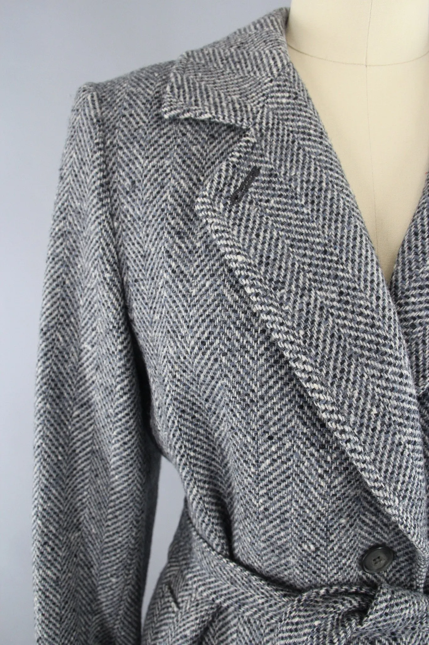 Vintage 1970s Blue Grey Pendleton Wool Tweed Trench Coat