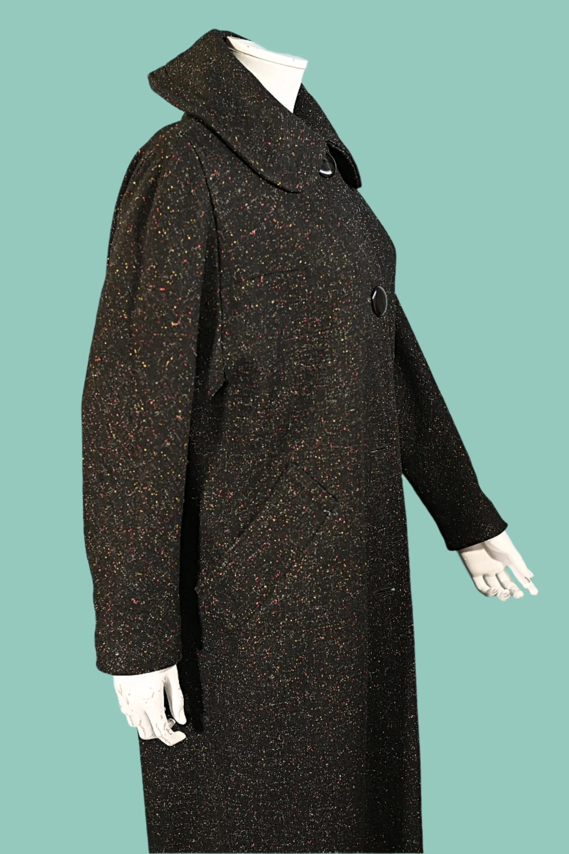 Vintage 50s Black Flecked Rockabilly Wool Coat, Relaxed Fit L/XL