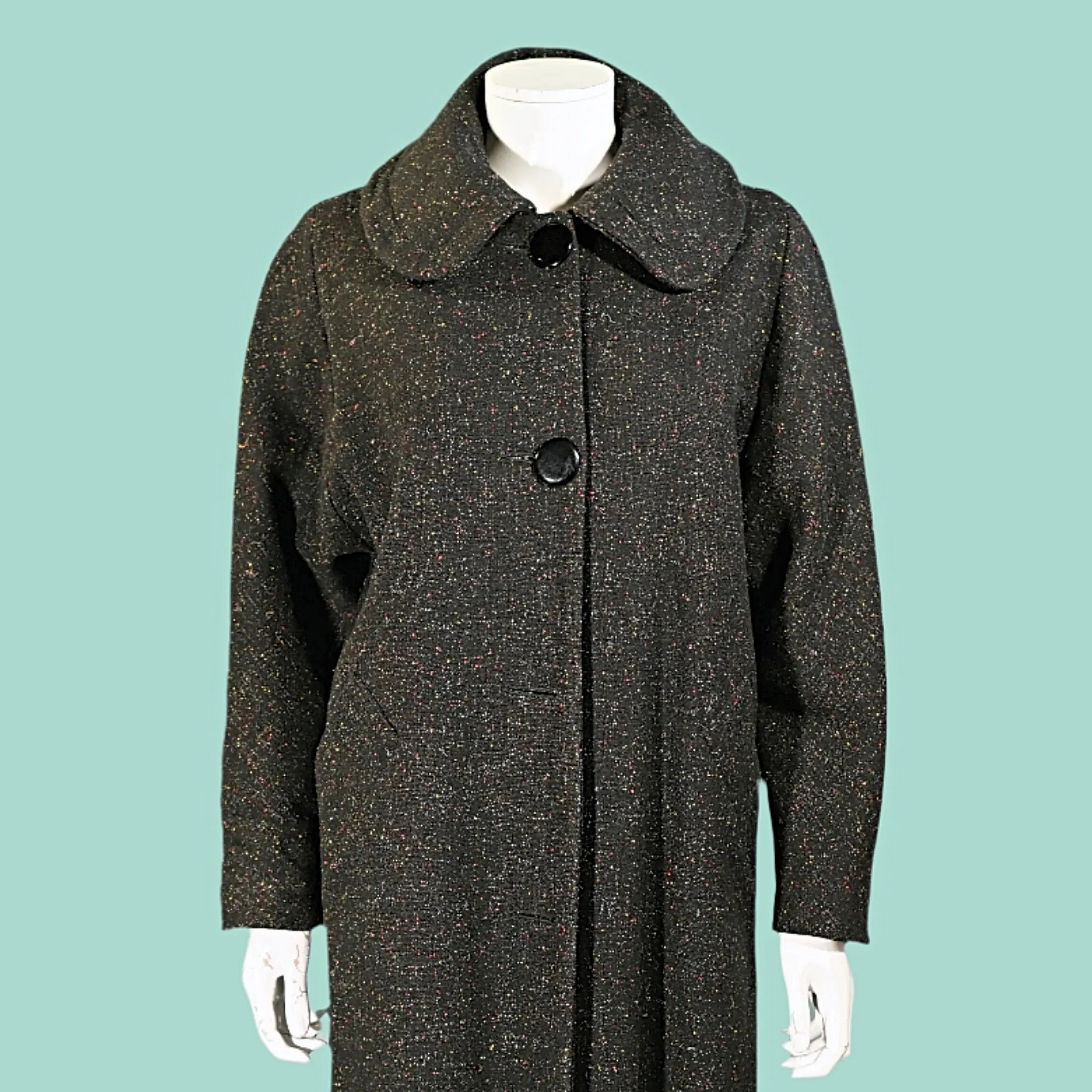 Vintage 50s Black Flecked Rockabilly Wool Coat, Relaxed Fit L/XL