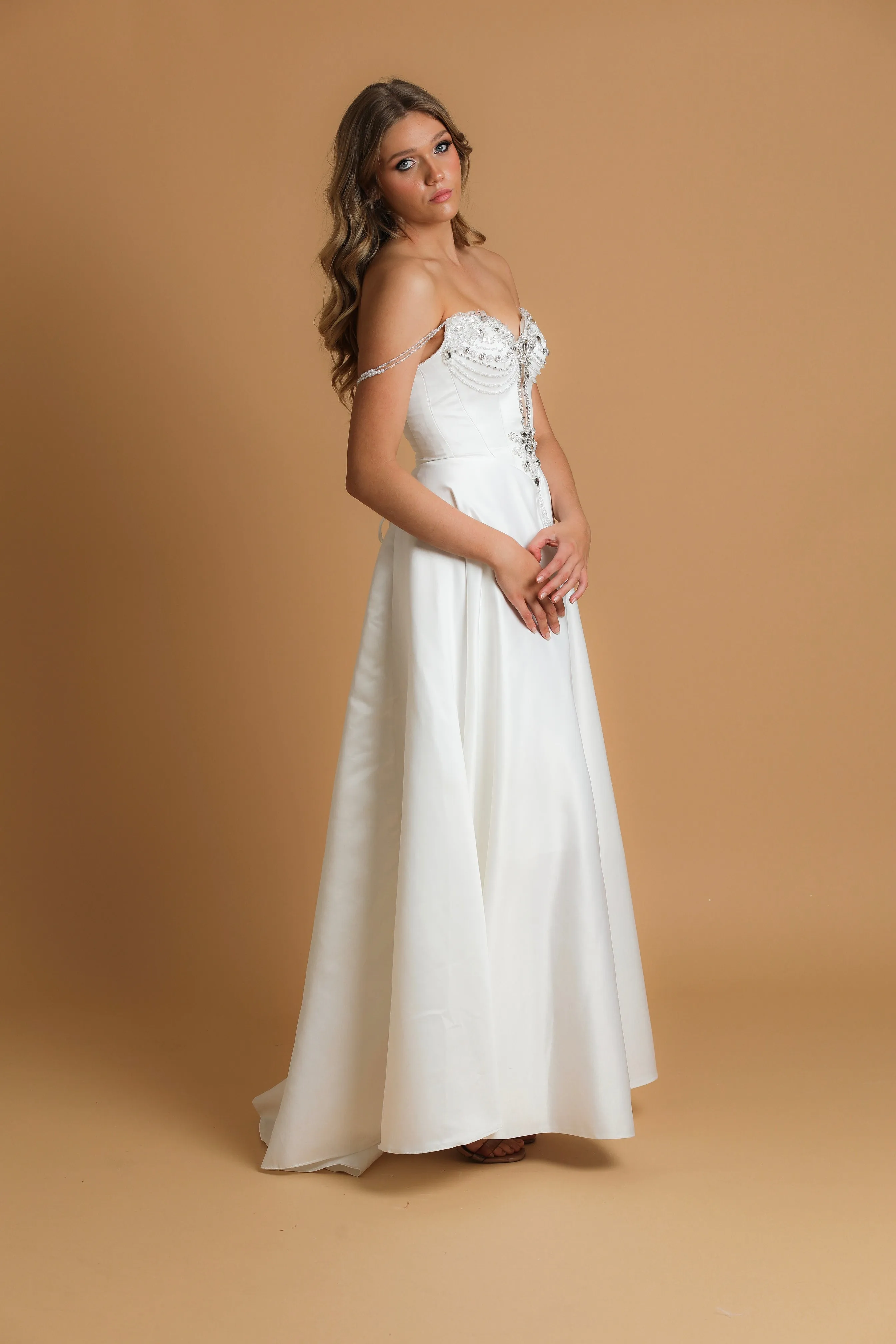 white dress with cut out neckline detail for hire