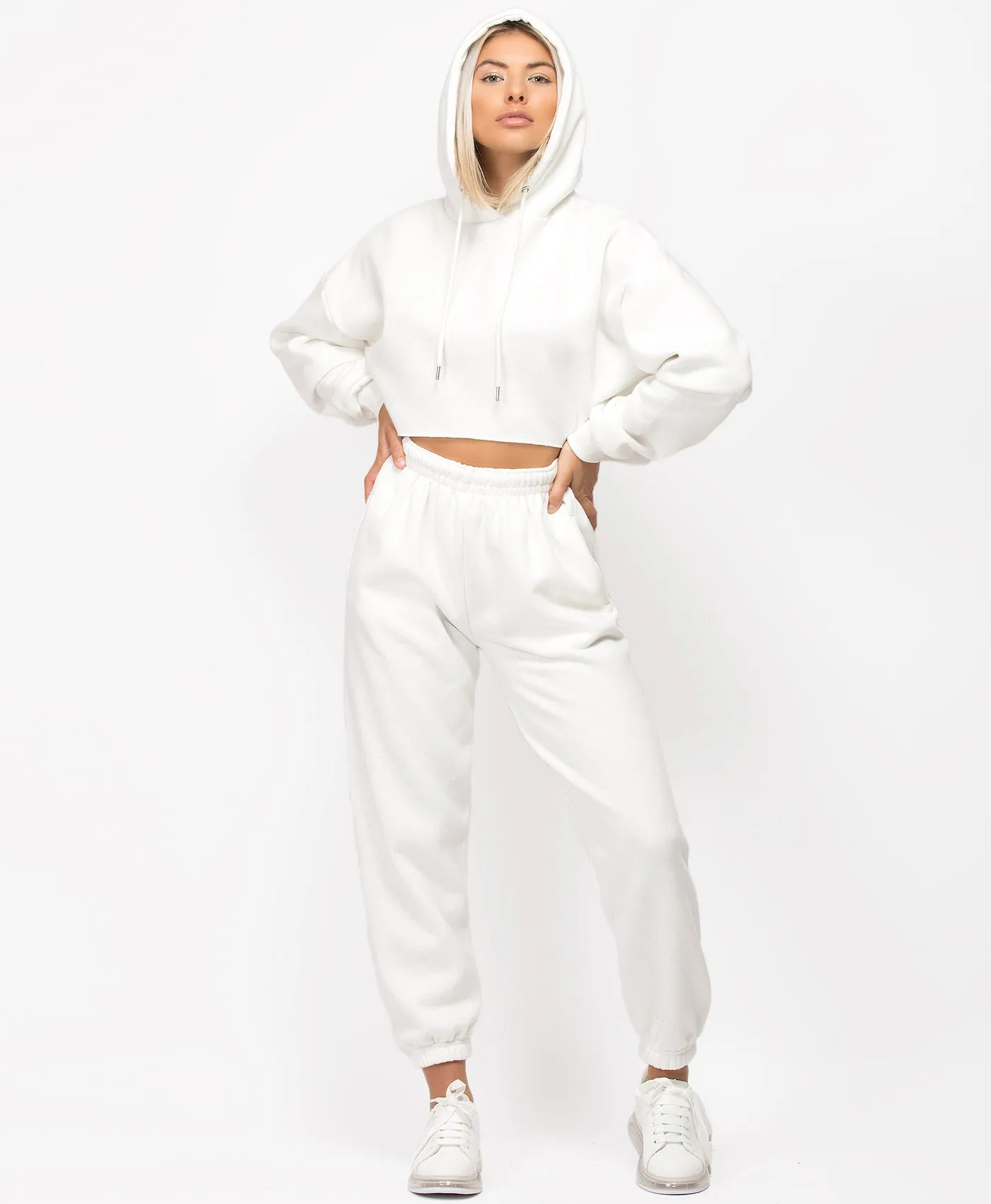 White Oversized Cropped Hoodie & Joggers Loungewear Set