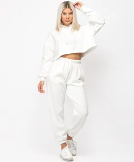 White Oversized Cropped Hoodie & Joggers Loungewear Set