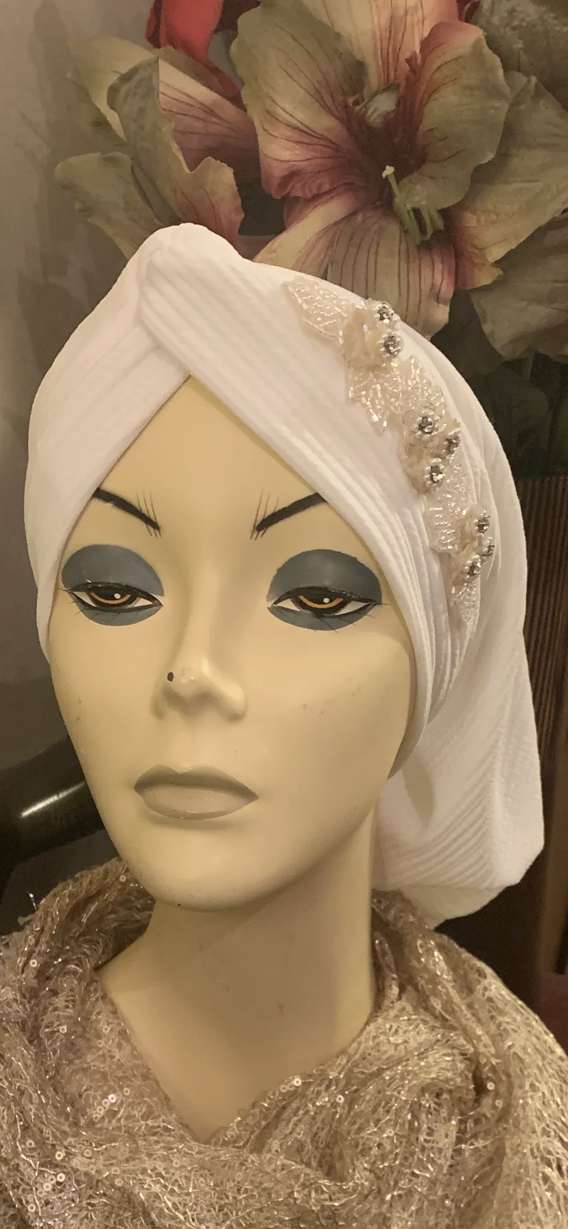 White Snood | Pearl White Tichel | Ivory Turban Snood Hijab Head Scarf With Beautiful Design | Made in USA by Uptown Girl Headwear