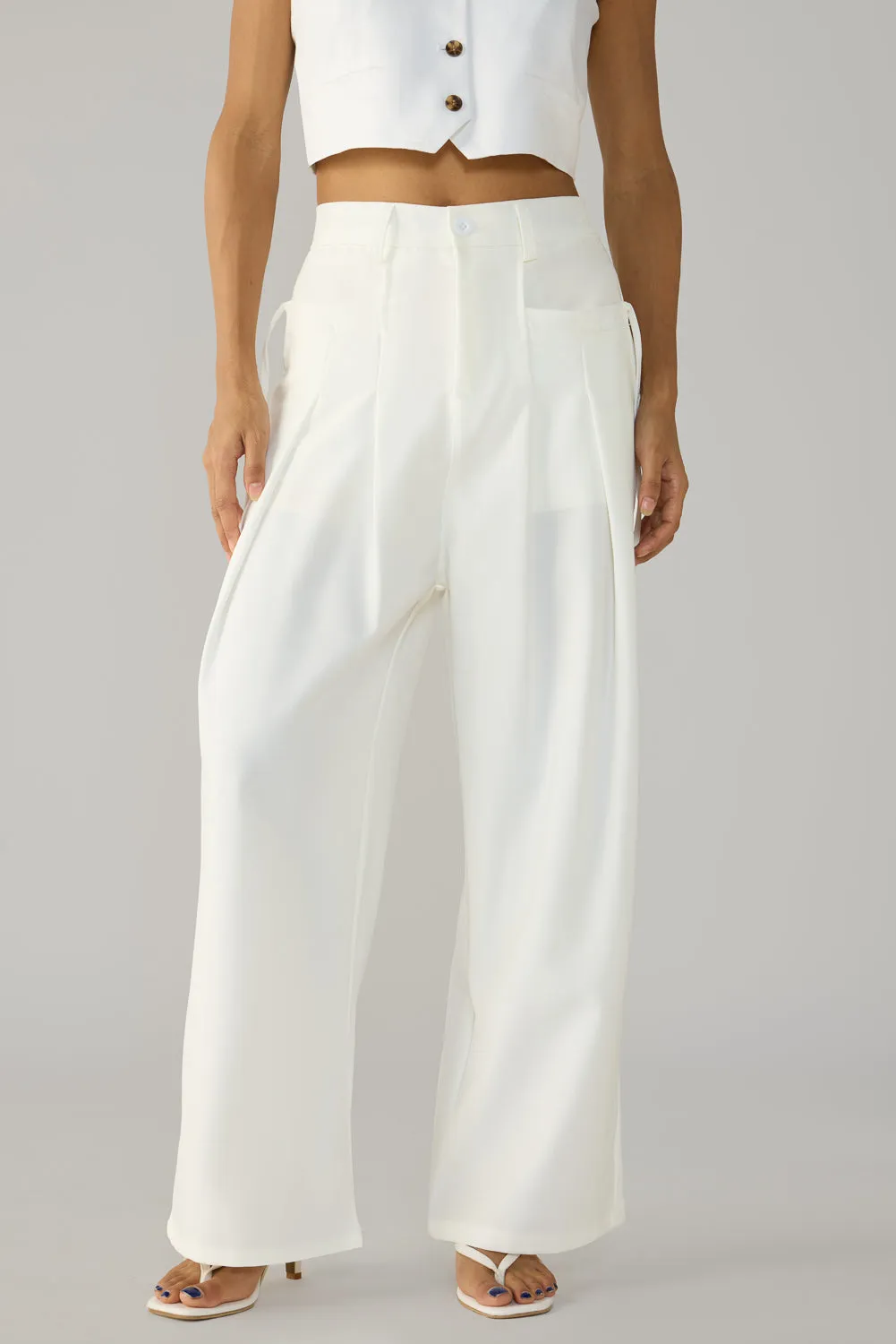 White Wide Fit-Flat Pocket Korean Pants