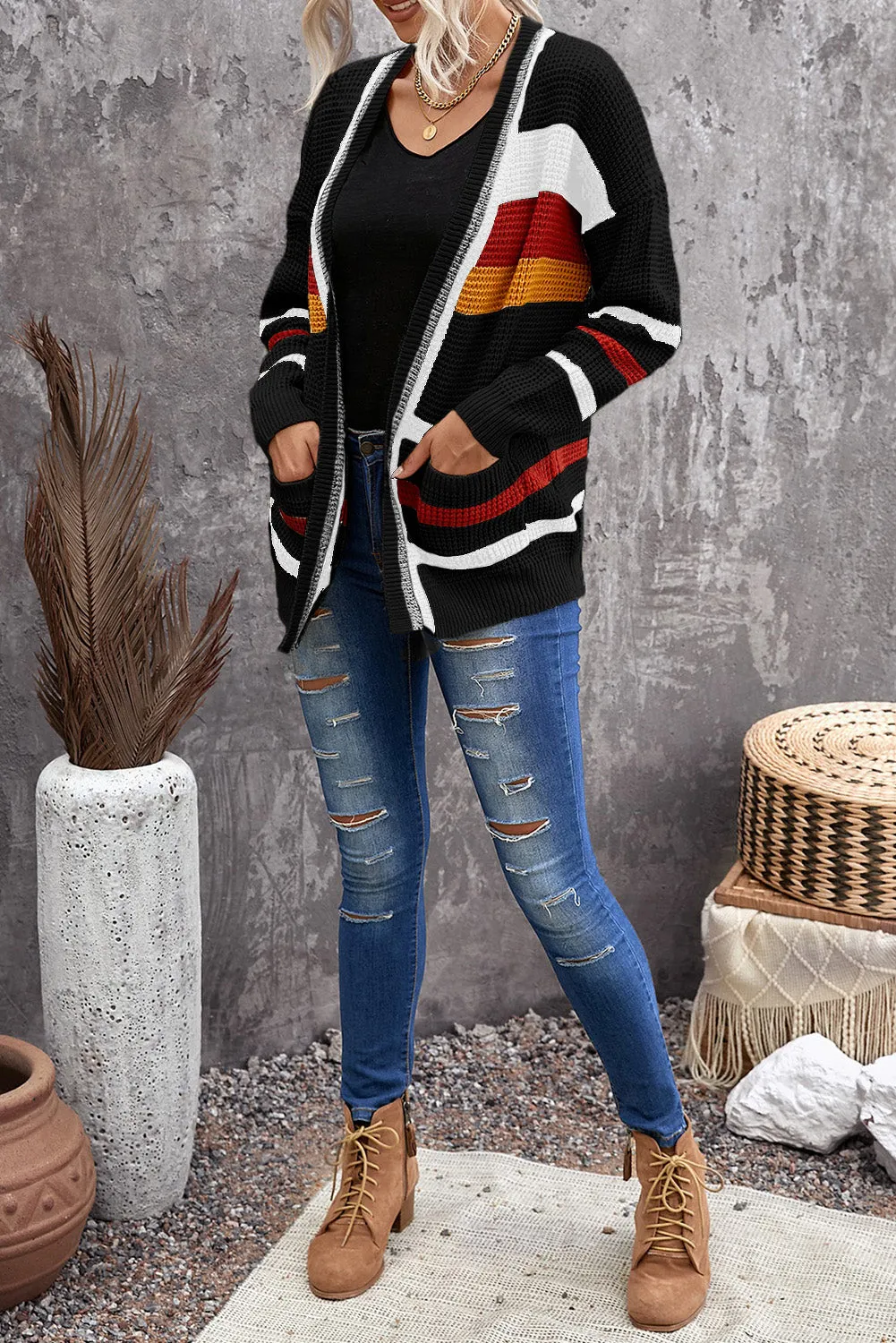 Women Color Block Cable Knit Open Front Pocket Cardigan