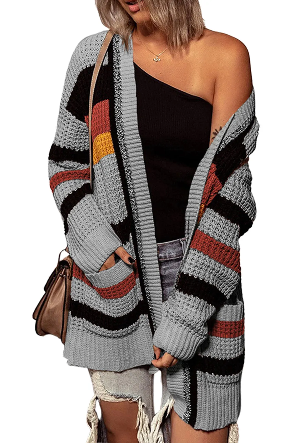 Women Color Block Cable Knit Open Front Pocket Cardigan