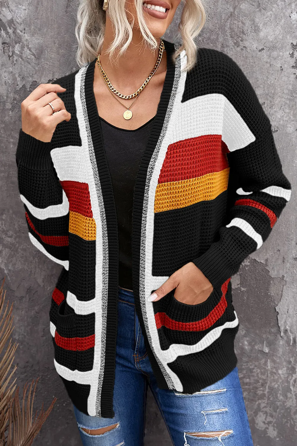 Women Color Block Cable Knit Open Front Pocket Cardigan