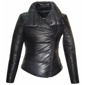 Women Puffer Leather Jacket in Black