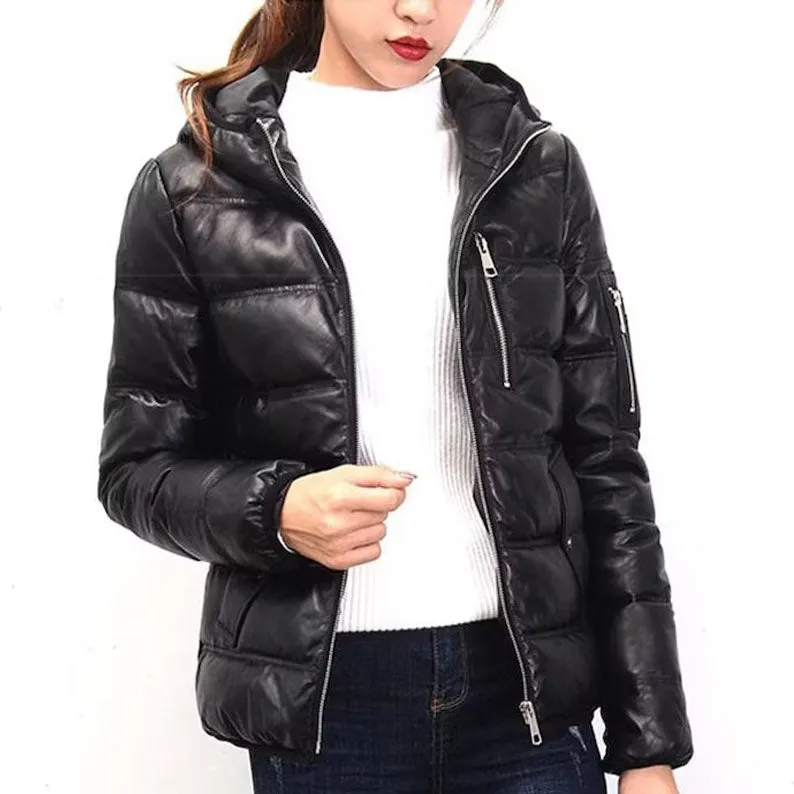 Womens Genuine Leather Puffer Jacket with Hooded