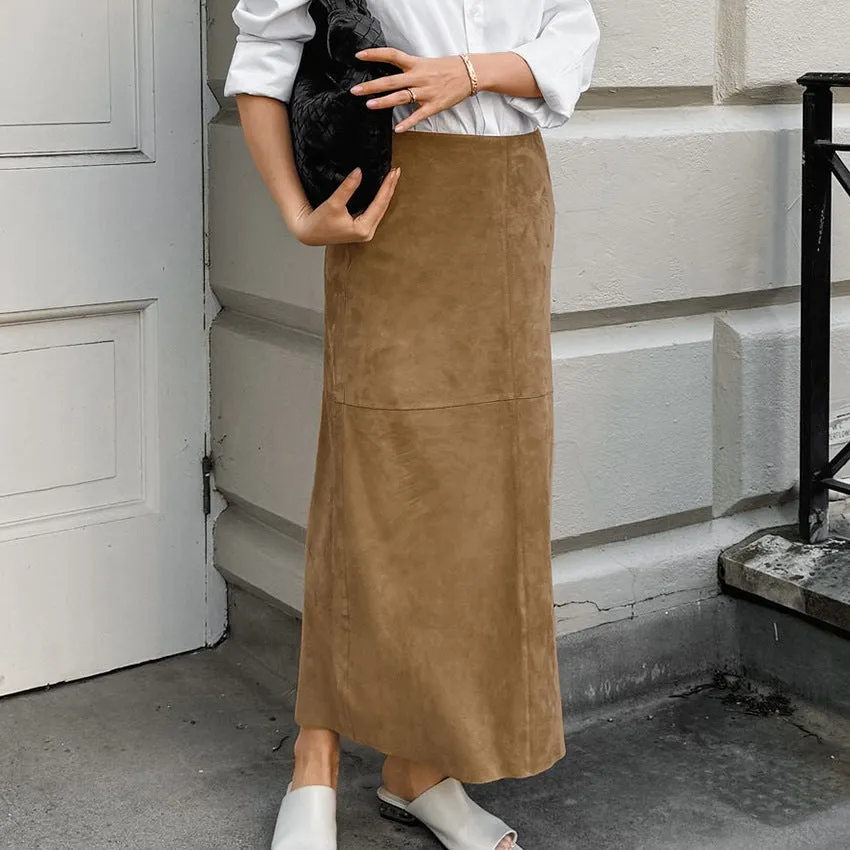 Women's Retro Fashion Knitted Suede Khaki Slim High-Waisted Straight Skirt