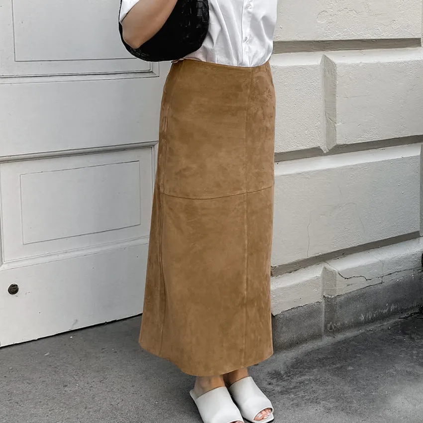 Women's Retro Fashion Knitted Suede Khaki Slim High-Waisted Straight Skirt