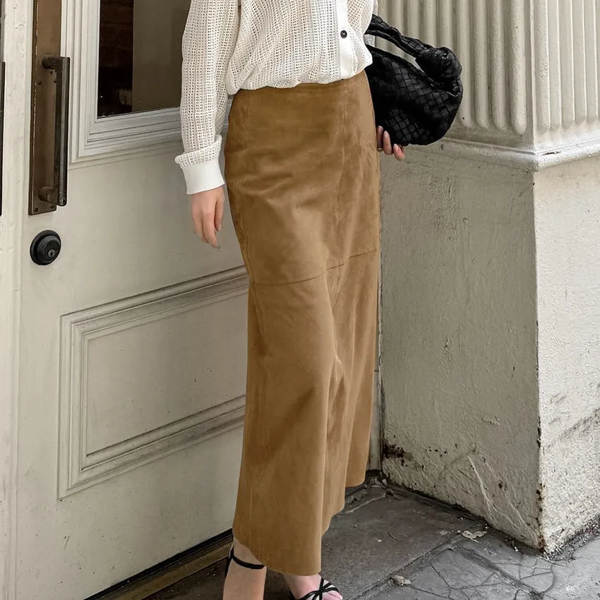 Women's Retro Fashion Knitted Suede Khaki Slim High-Waisted Straight Skirt