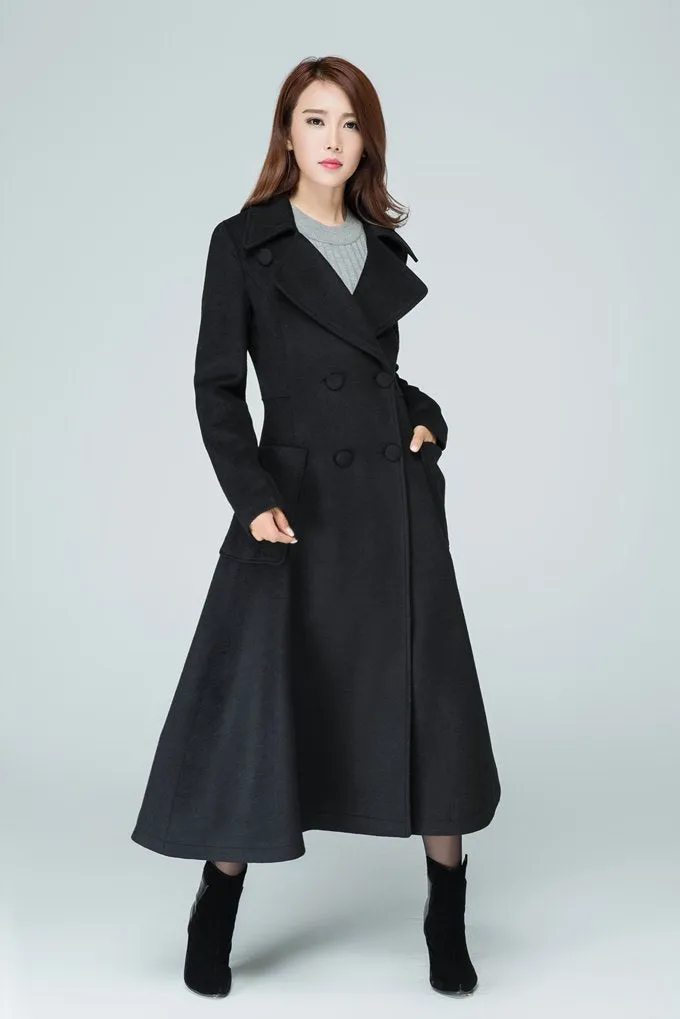 Wool long  women high waist coat with two pockets on the both side 1607